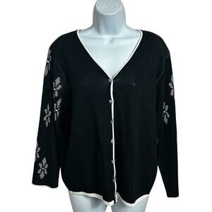 Vintage Christina Rotelli Black Cardigan Sweater Sz L Floral Butterfly Buttons